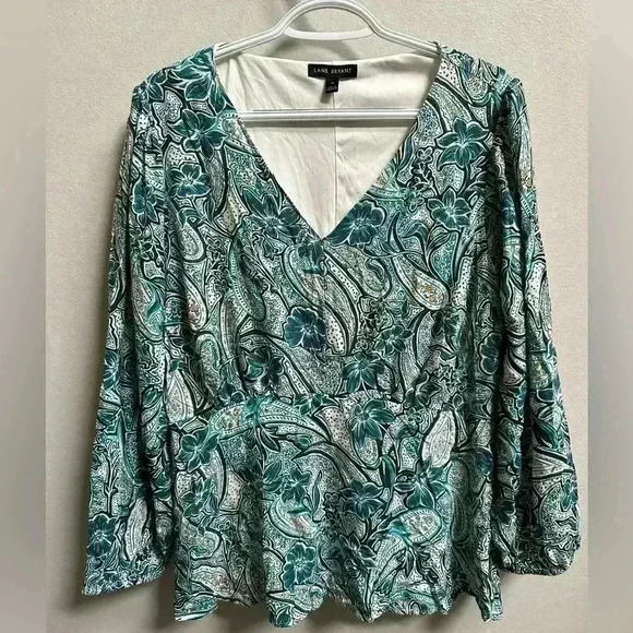 Lane Bryant Long Sleeve Peasant Top Blouse w/ Cinched Waist | Blue & Gold | 14 - Picture 2 of 12